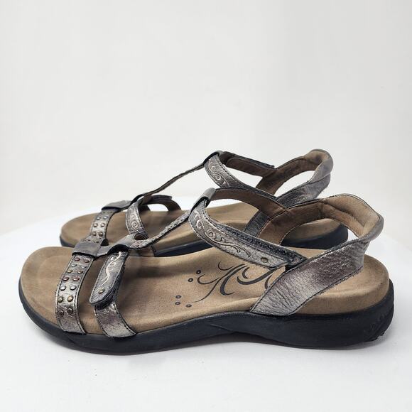 Taos Taos Replay Abeo Biosystem Sandals Women 10 Pewter Leather Stud Embroidered - Picture 6 of 15